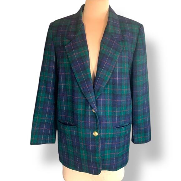 Vintage 90s Petite Green Navy Blue Plaid Wool Blazer Jacket Gold Buttons Preppy - Picture 1 of 11